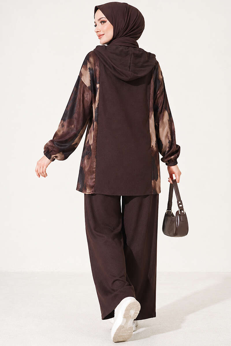 Patterned Satin-Trim Two-Piece Set - Dark Brown