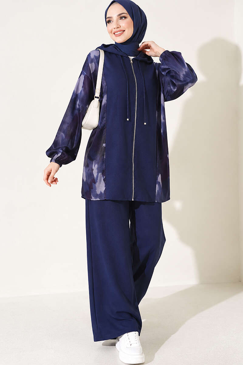 Patterned Satin-Trim Two-Piece Set - Navy