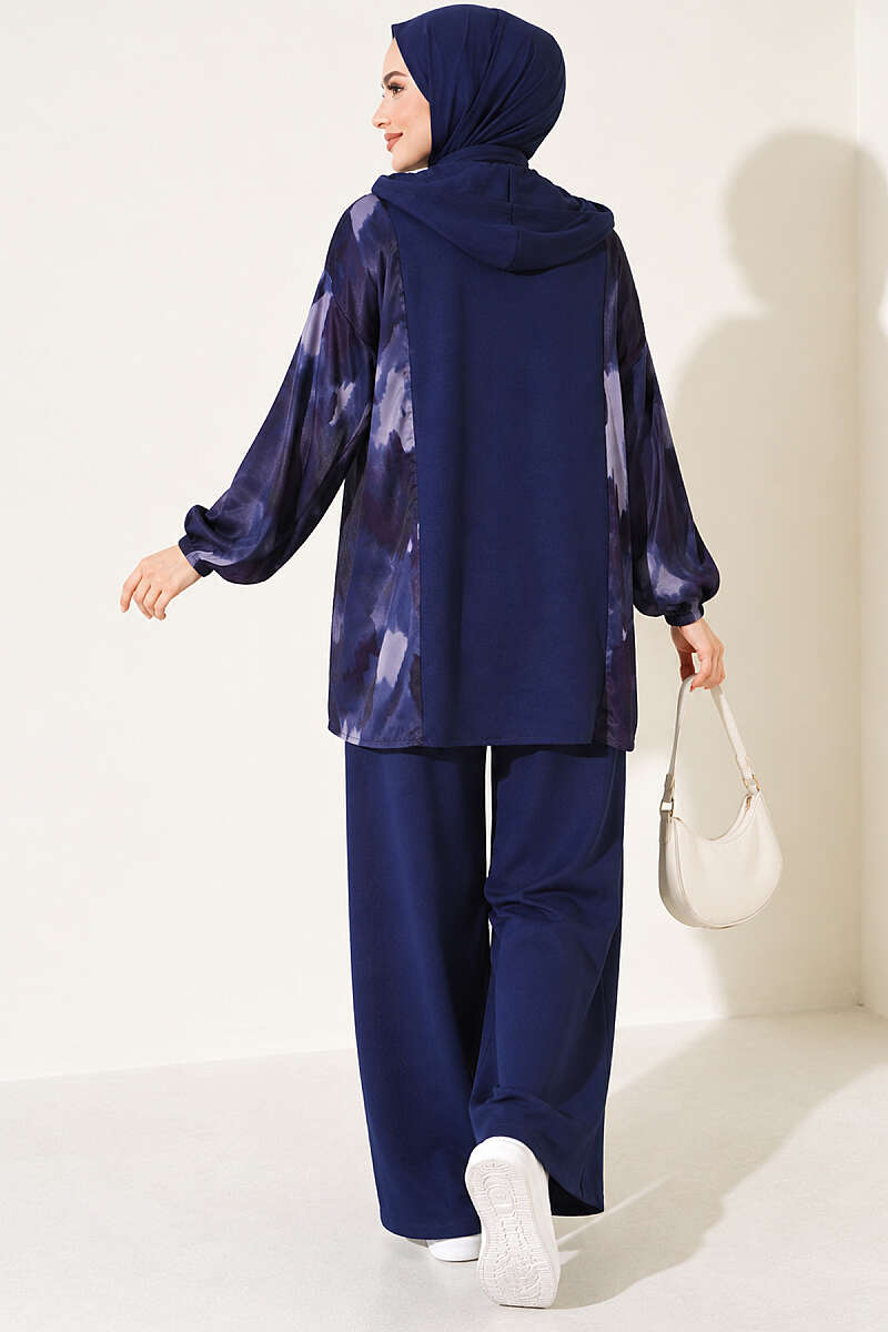 Patterned Satin-Trim Two-Piece Set - Navy