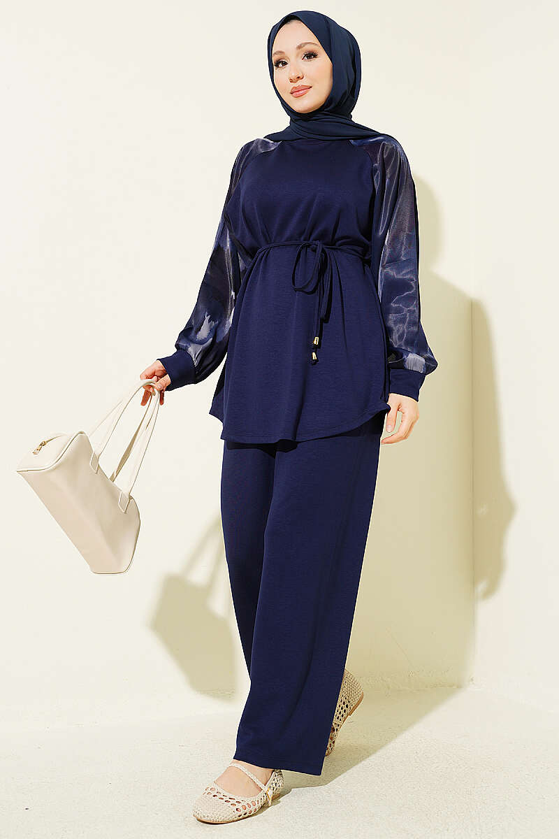 Jersey Two-Piece Set with Patterned Satin Sleeves - Navy