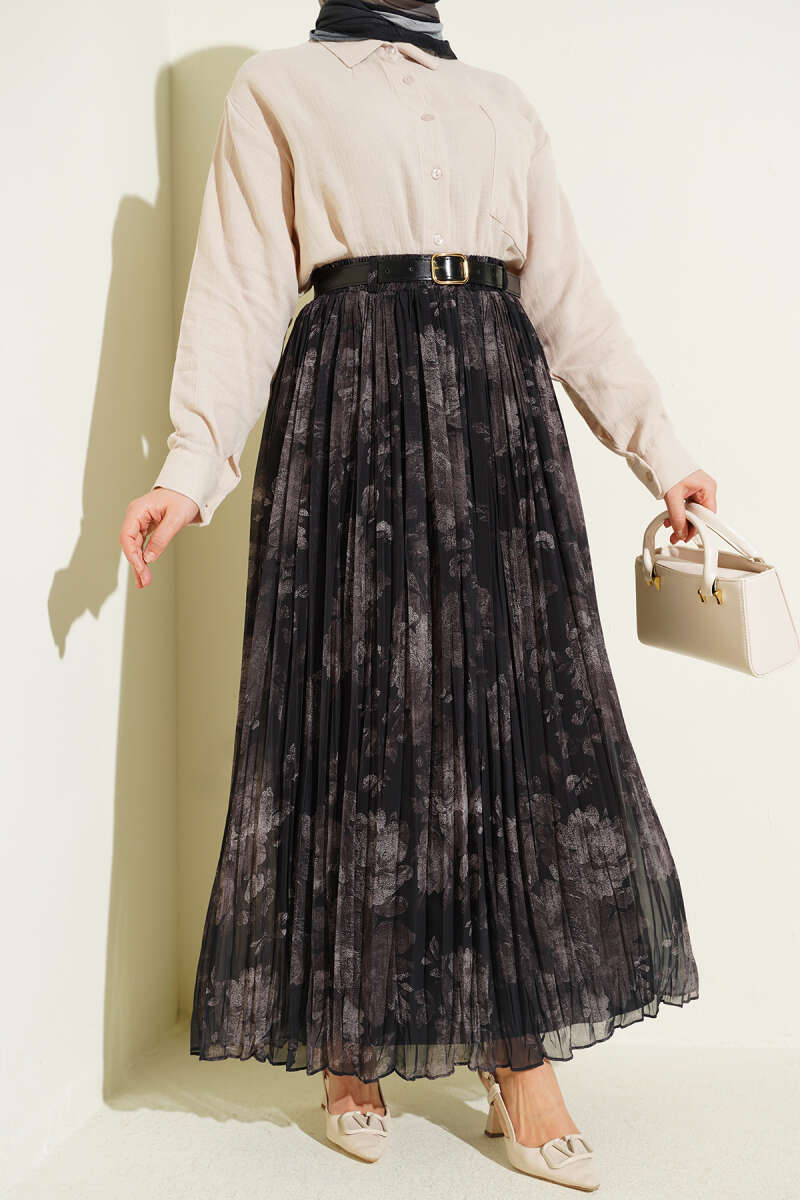 Patterned Fine-Pleat Chiffon Skirt - Black