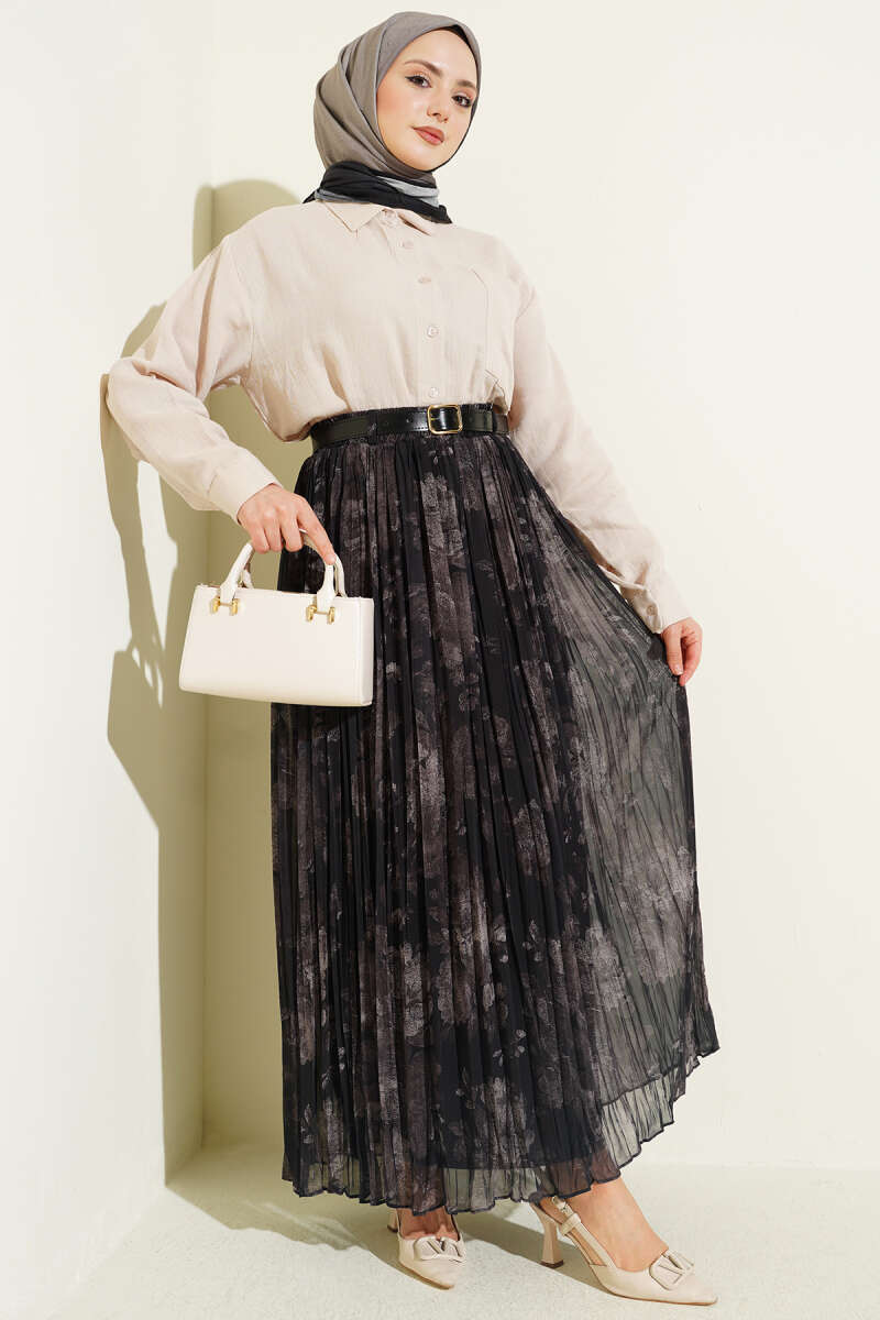 Patterned Fine-Pleat Chiffon Skirt - Black