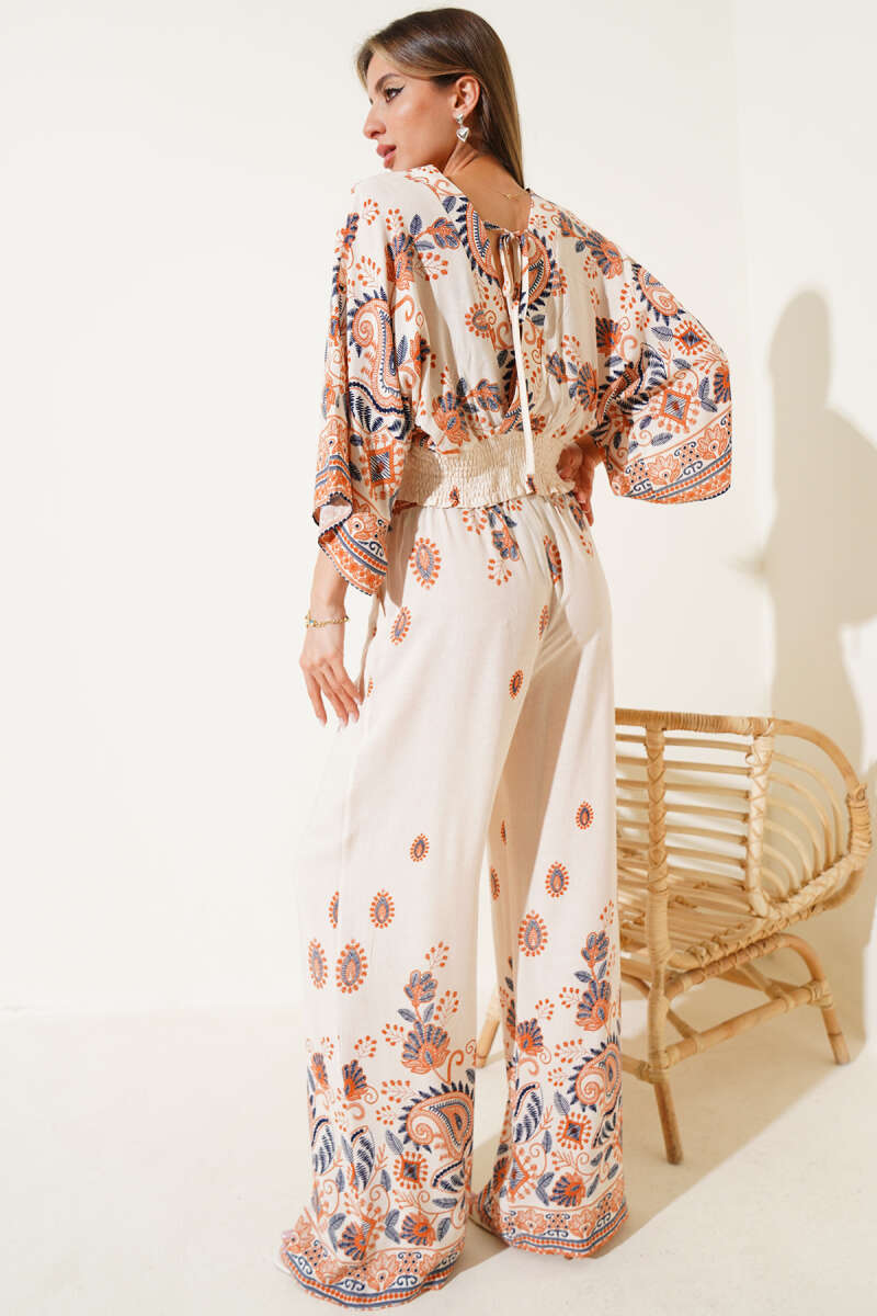 Printed Crop Two-Piece Set with Strappy Back - Beige