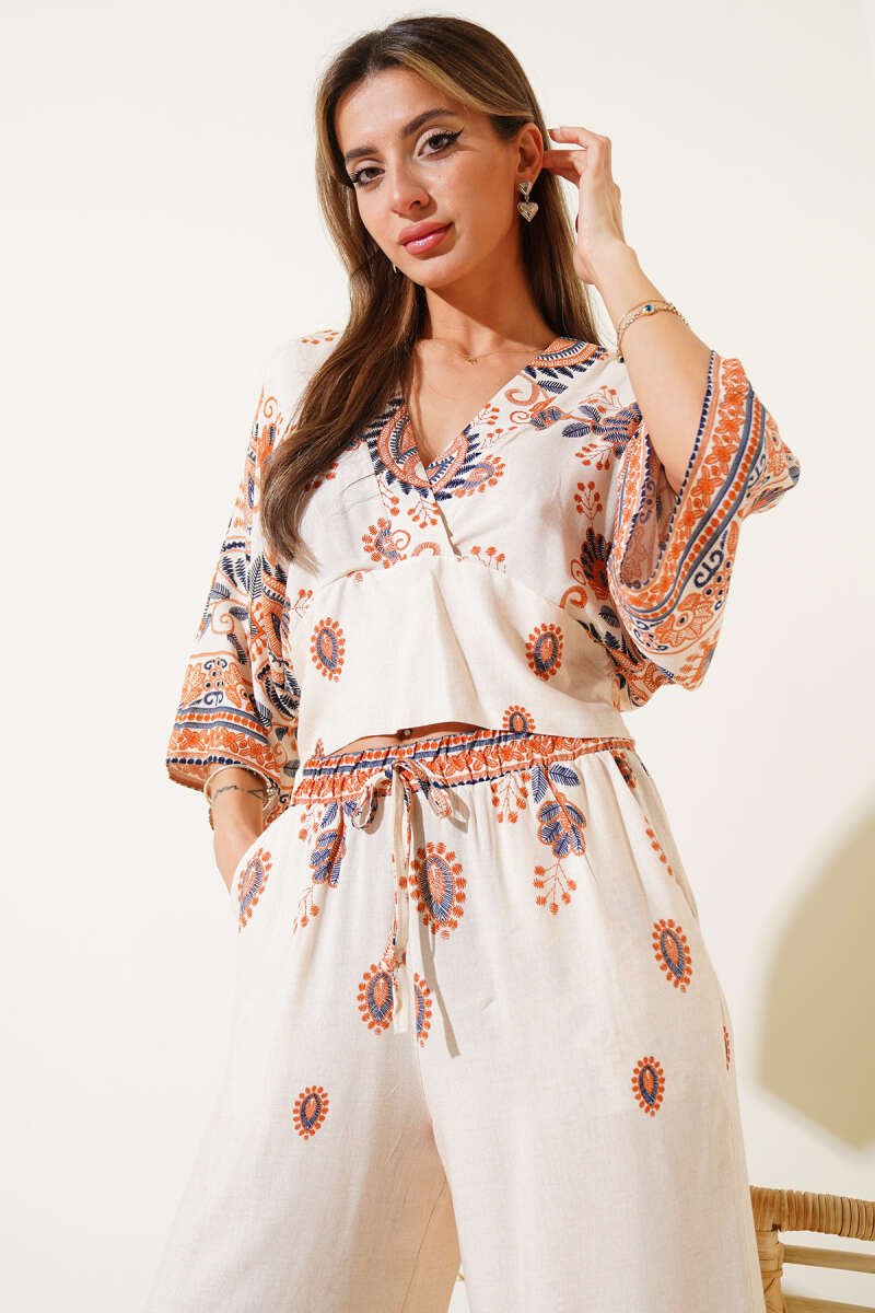Printed Crop Two-Piece Set with Strappy Back - Beige