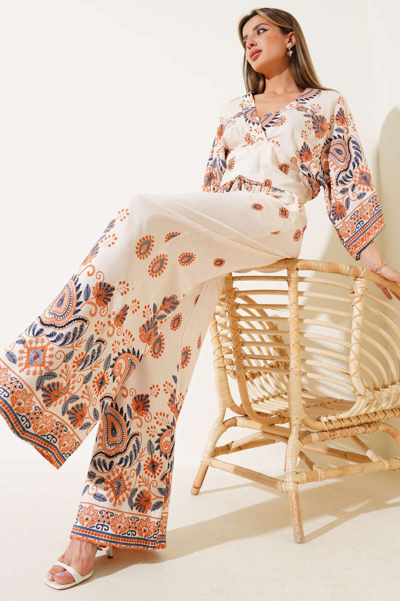 Printed Crop Two-Piece Set with Strappy Back - Beige