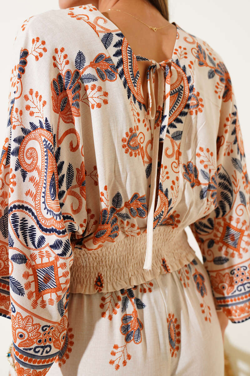 Printed Crop Two-Piece Set with Strappy Back - Beige