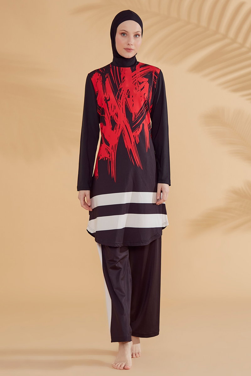 Printed Full-Coverage Modest Swimsuit - Black