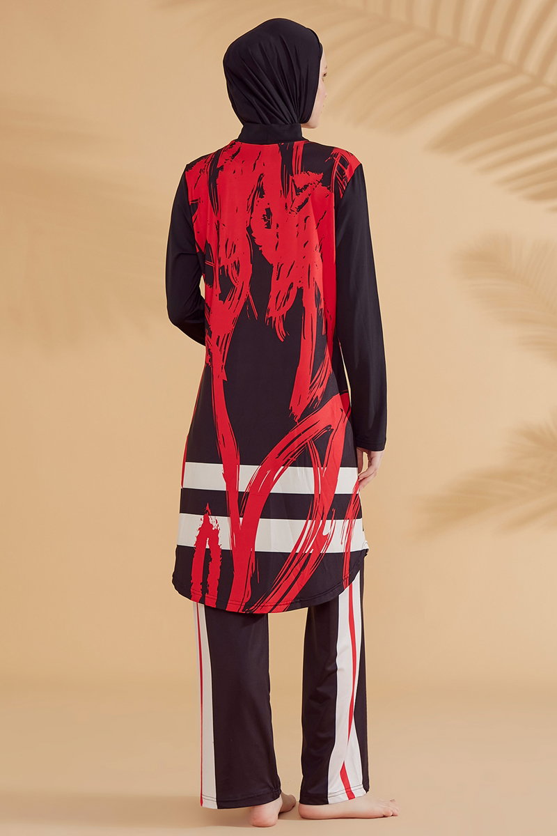 Printed Full-Coverage Modest Swimsuit - Black