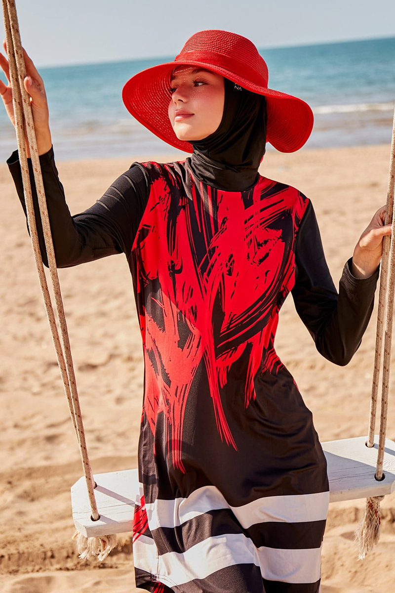Printed Full-Coverage Modest Swimsuit - Black