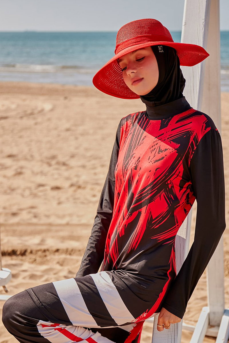 Printed Full-Coverage Modest Swimsuit - Black