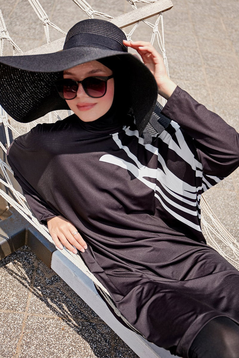 Printed Full-Coverage Modest Swimsuit with Long Sleeves - Black