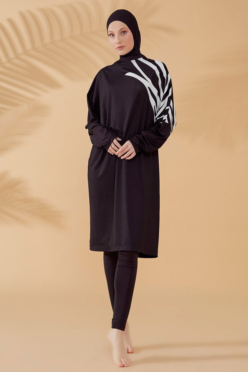 Printed Full-Coverage Modest Swimsuit with Long Sleeves - Black