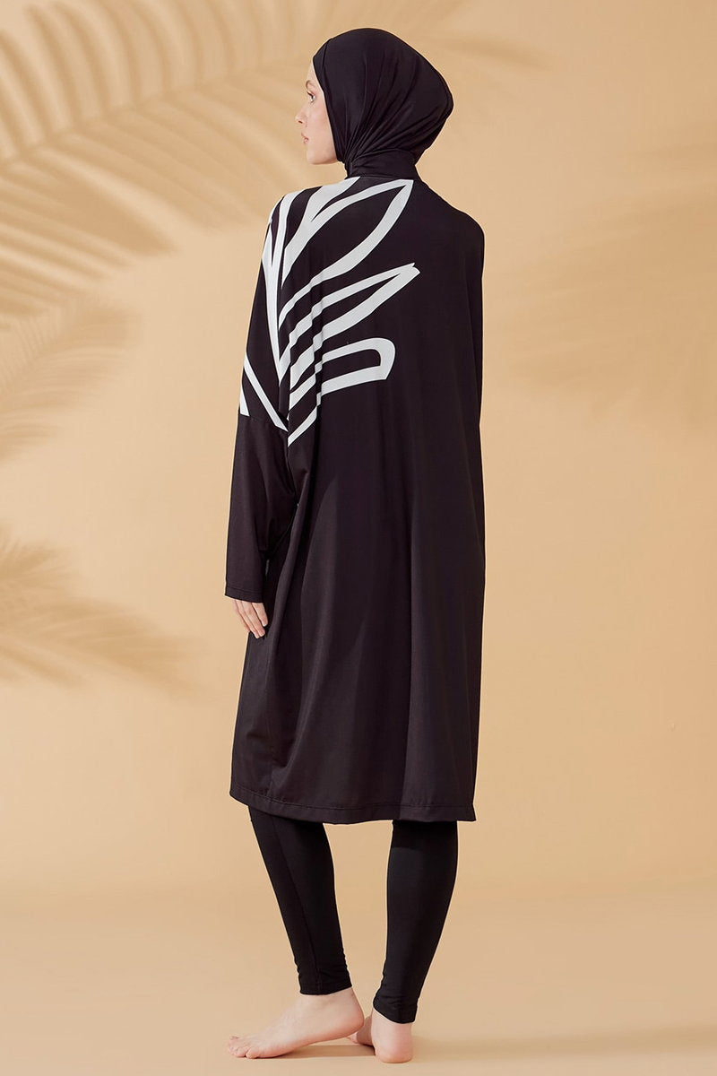 Printed Full-Coverage Modest Swimsuit with Long Sleeves - Black