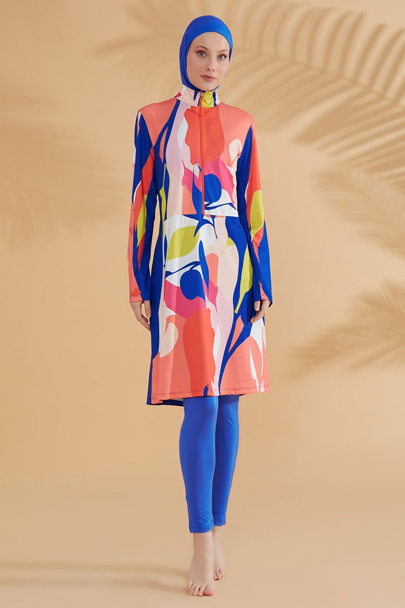 Patterned Full-Coverage Modest Swimsuit - Saxe Blue