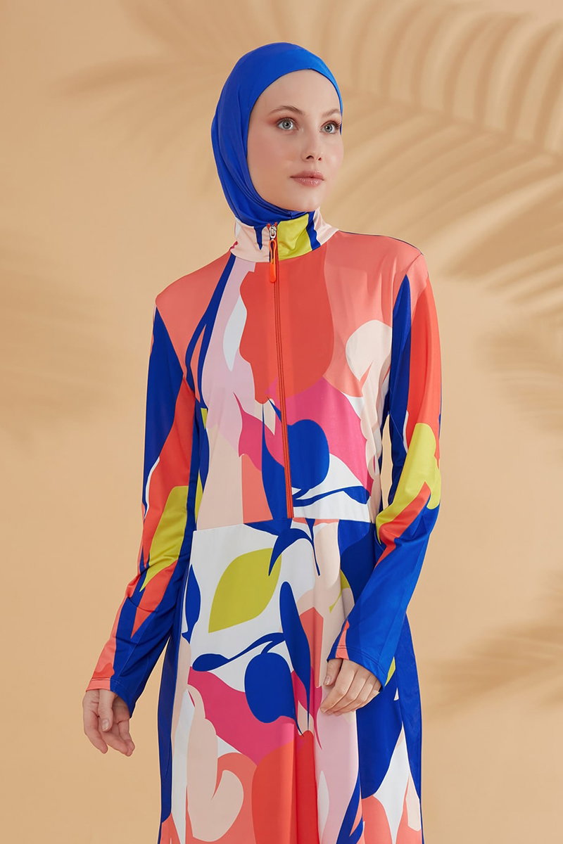Patterned Full-Coverage Modest Swimsuit - Saxe Blue