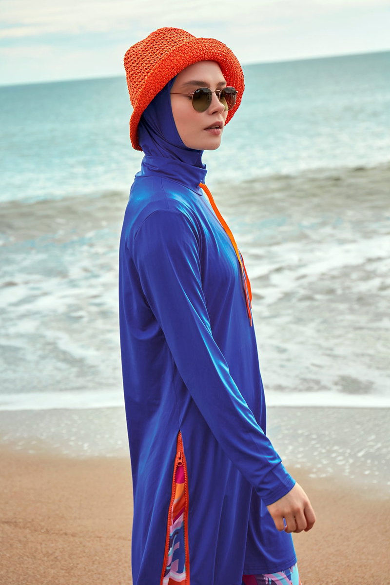 Printed Modest Swimsuit - Saxe Blue