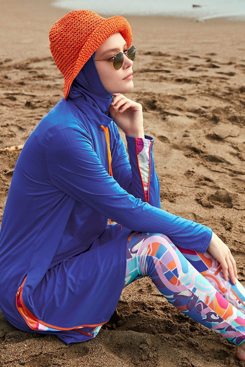 Printed Modest Swimsuit - Saxe Blue