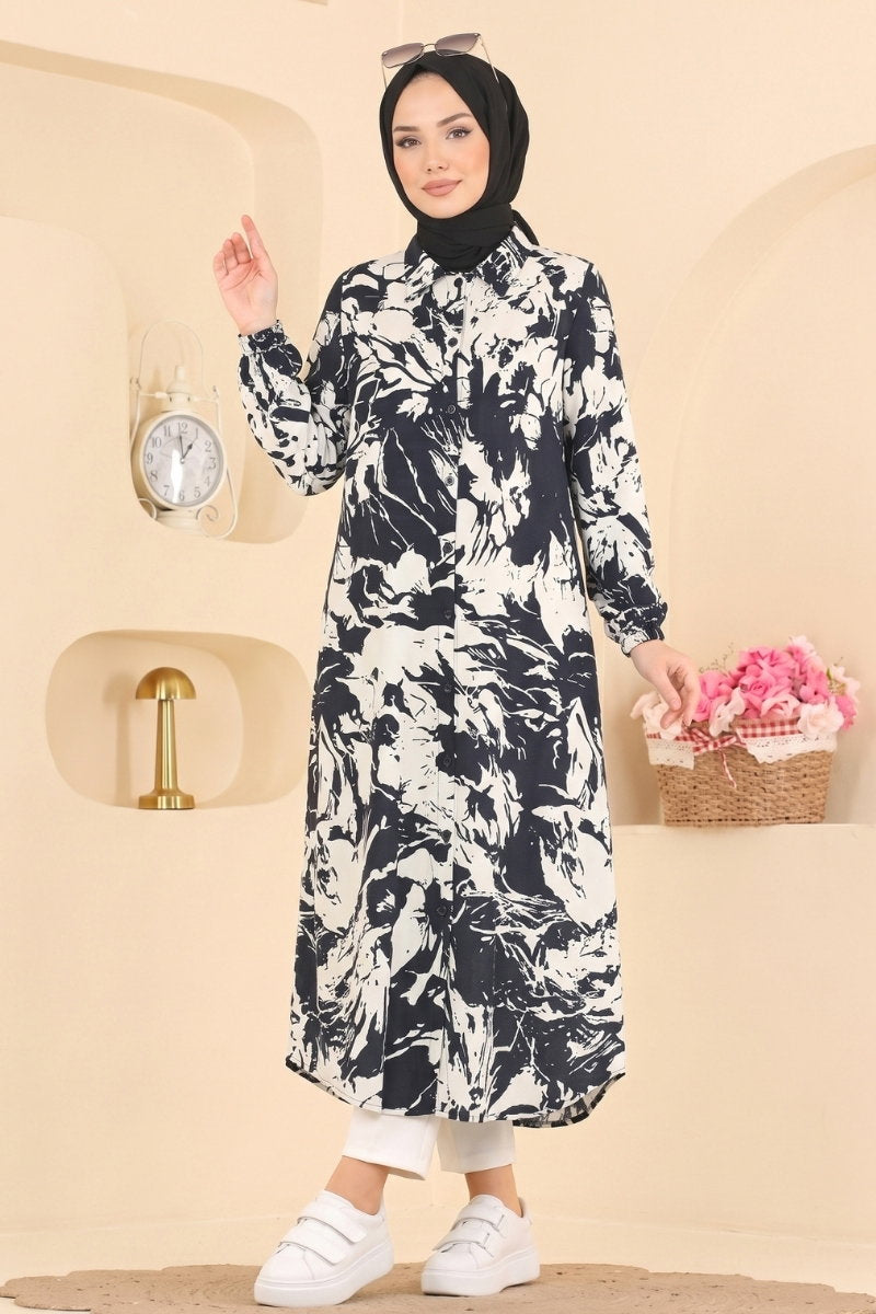Long Patterned Woven Tunic - Navy-Ecru