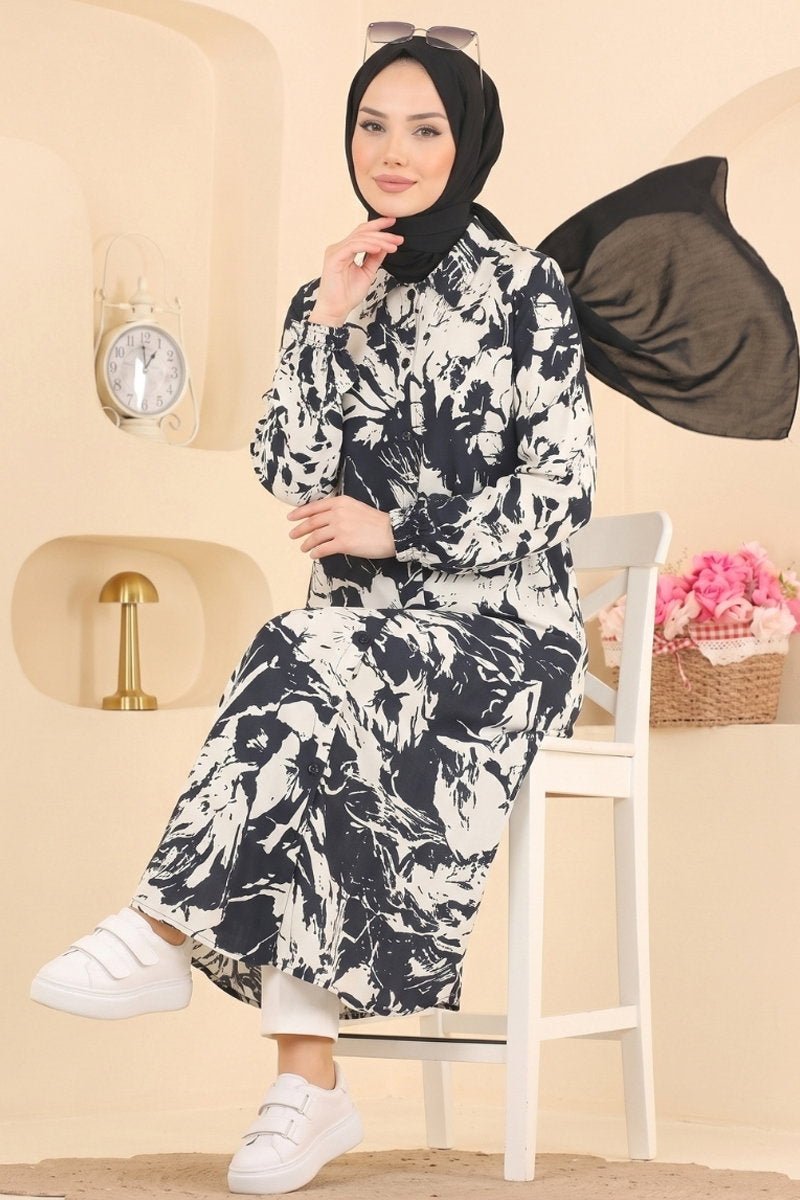 Long Patterned Woven Tunic - Navy-Ecru