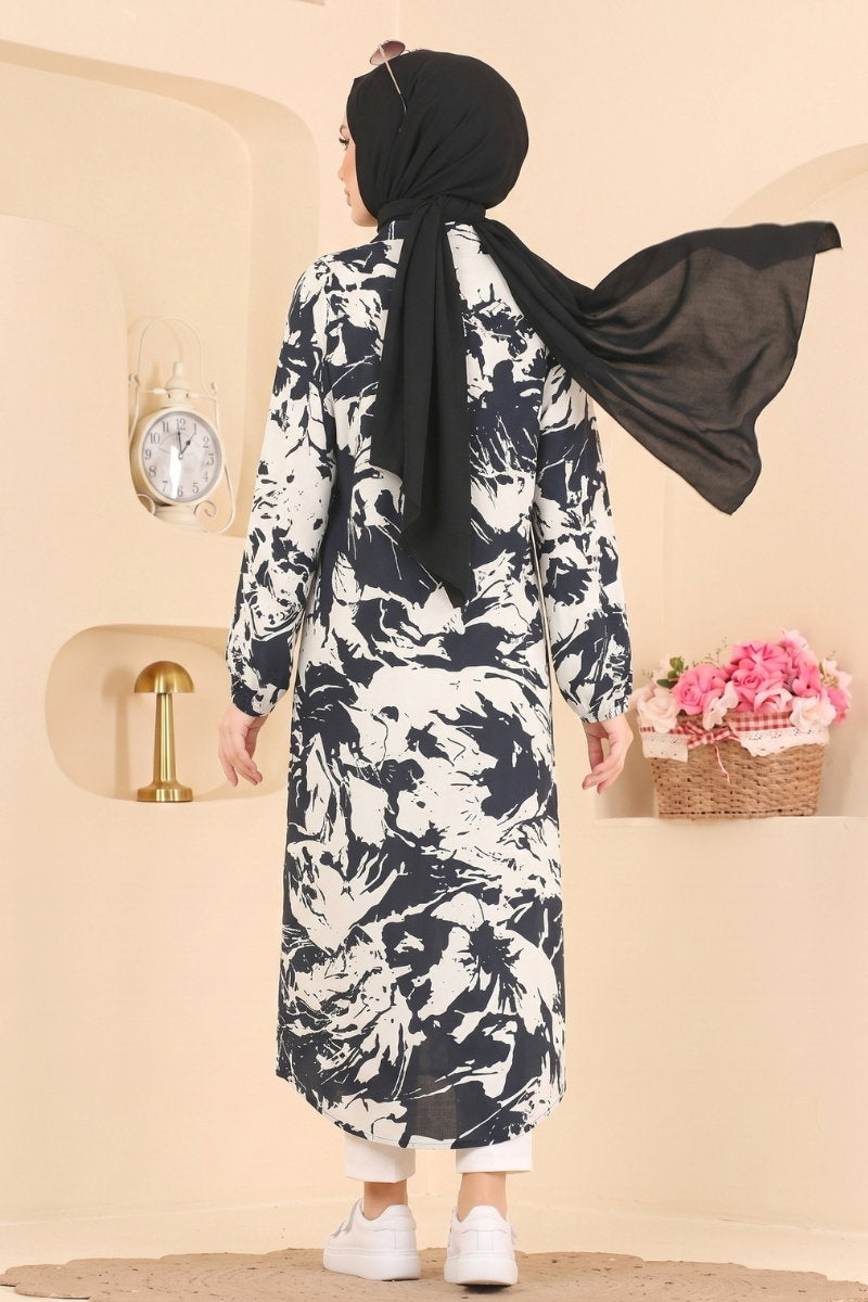 Long Patterned Woven Tunic - Navy-Ecru