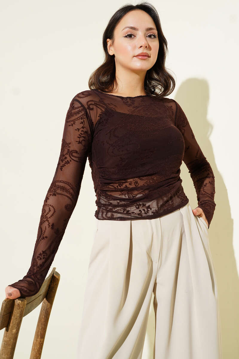 Printed Long-Sleeve Tulle Blouse - Dark Brown