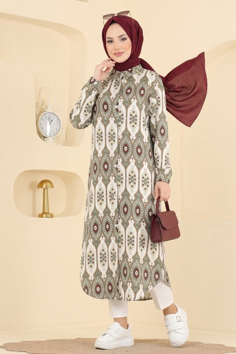 Long Printed Linen Tunic - Almond Green