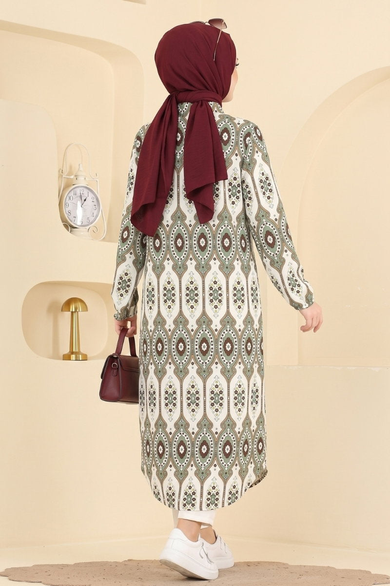 Long Printed Linen Tunic - Almond Green