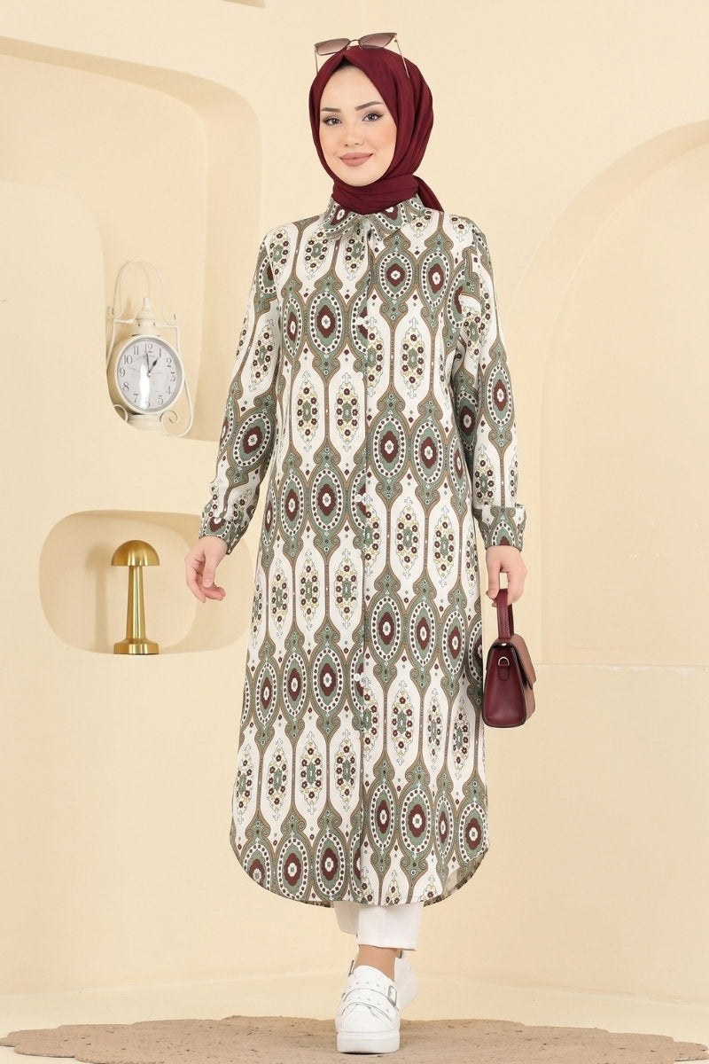 Long Printed Linen Tunic - Almond Green