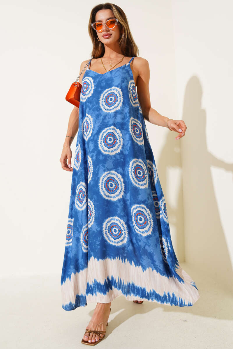 Printed V-Neck Strappy Dress - Blue
