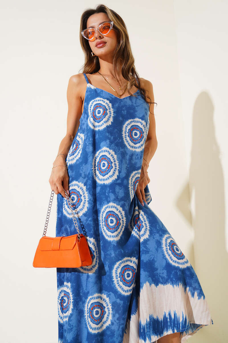 Printed V-Neck Strappy Dress - Blue