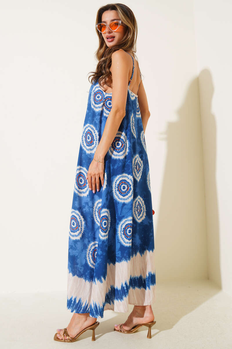 Printed V-Neck Strappy Dress - Blue