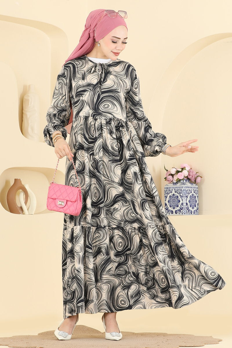 Long Printed Viscose Dress - Navy