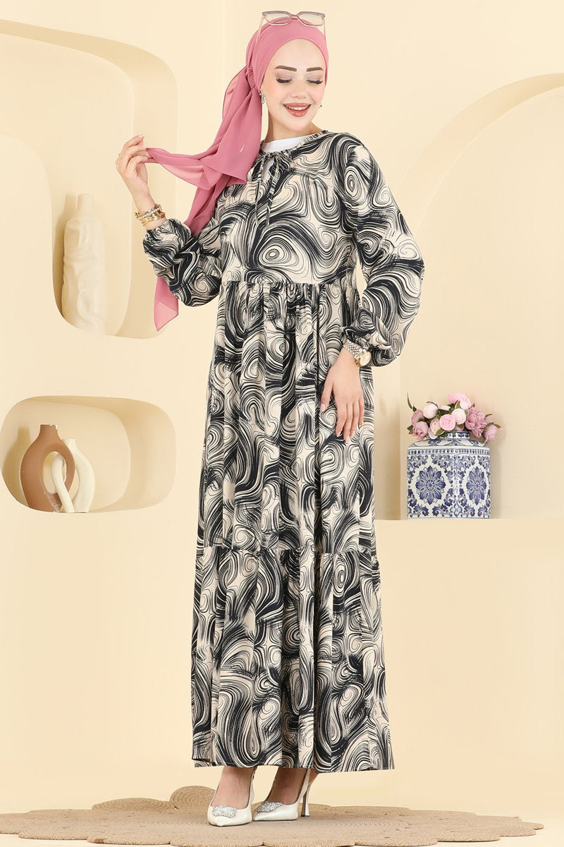 Long Printed Viscose Dress - Navy