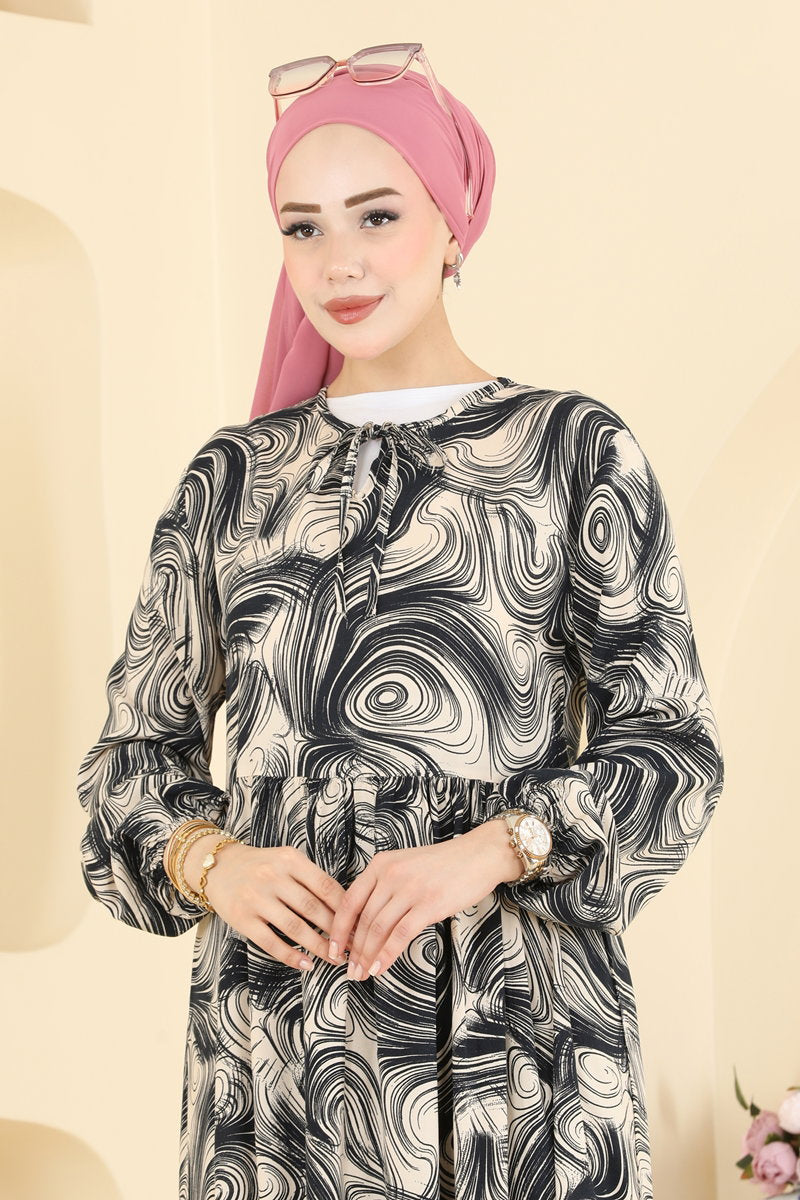 Long Printed Viscose Dress - Navy