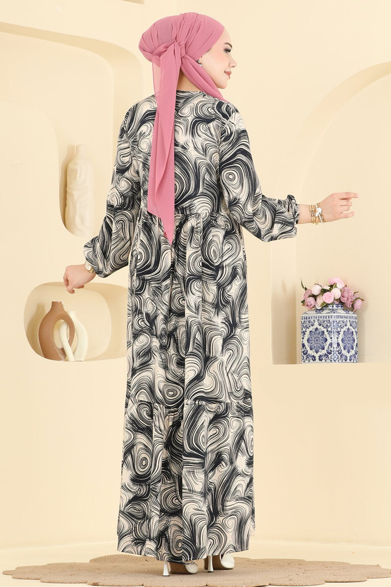 Long Printed Viscose Dress - Navy