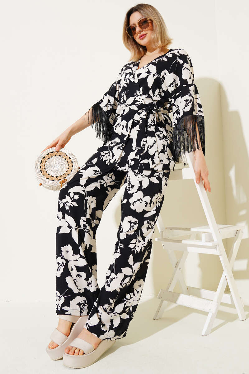 Printed Viscose Two-Piece Set with Side Tie and Tassels - Black