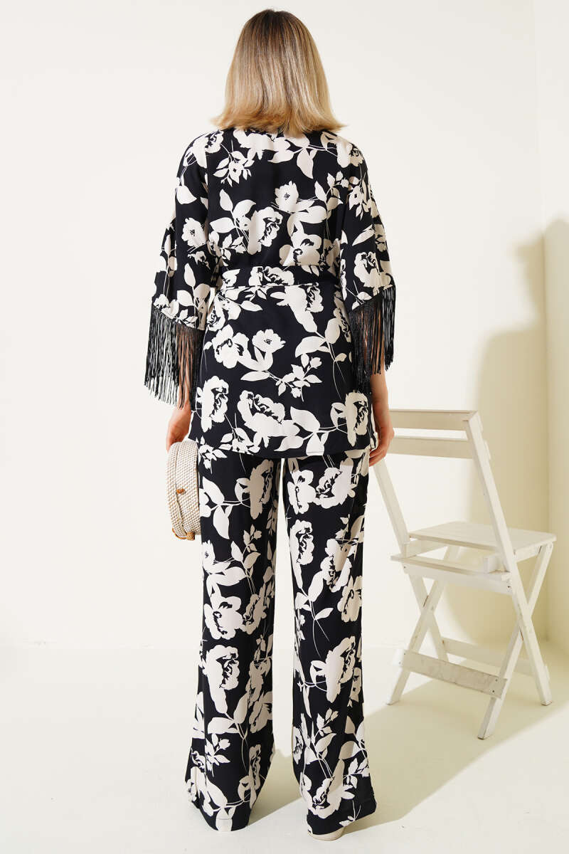 Printed Viscose Two-Piece Set with Side Tie and Tassels - Black