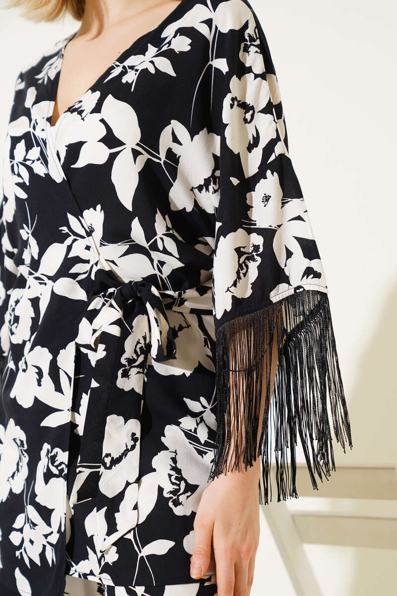 Printed Viscose Two-Piece Set with Side Tie and Tassels - Black