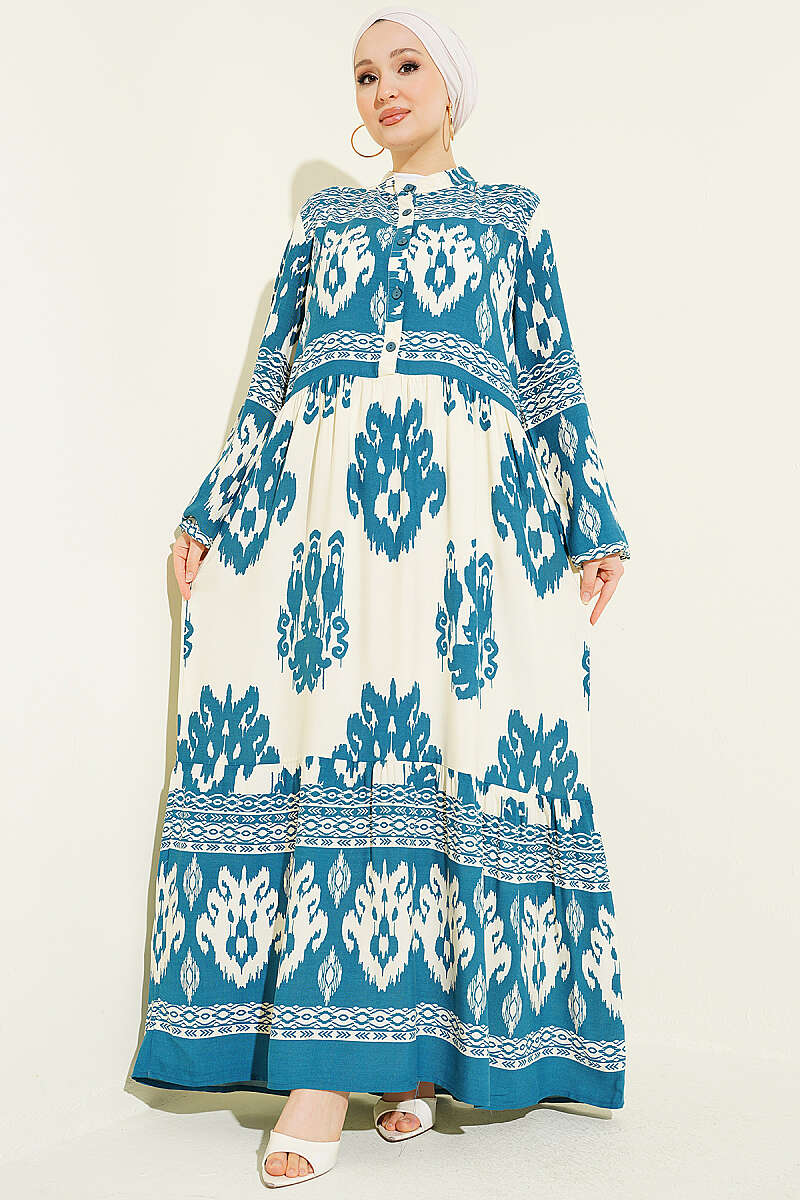 Patterned Dress with Half Buttons - Teal