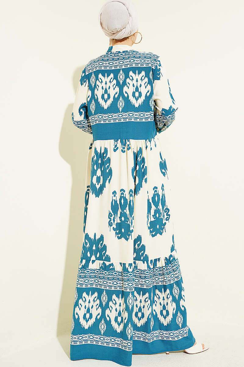 Patterned Dress with Half Buttons - Teal