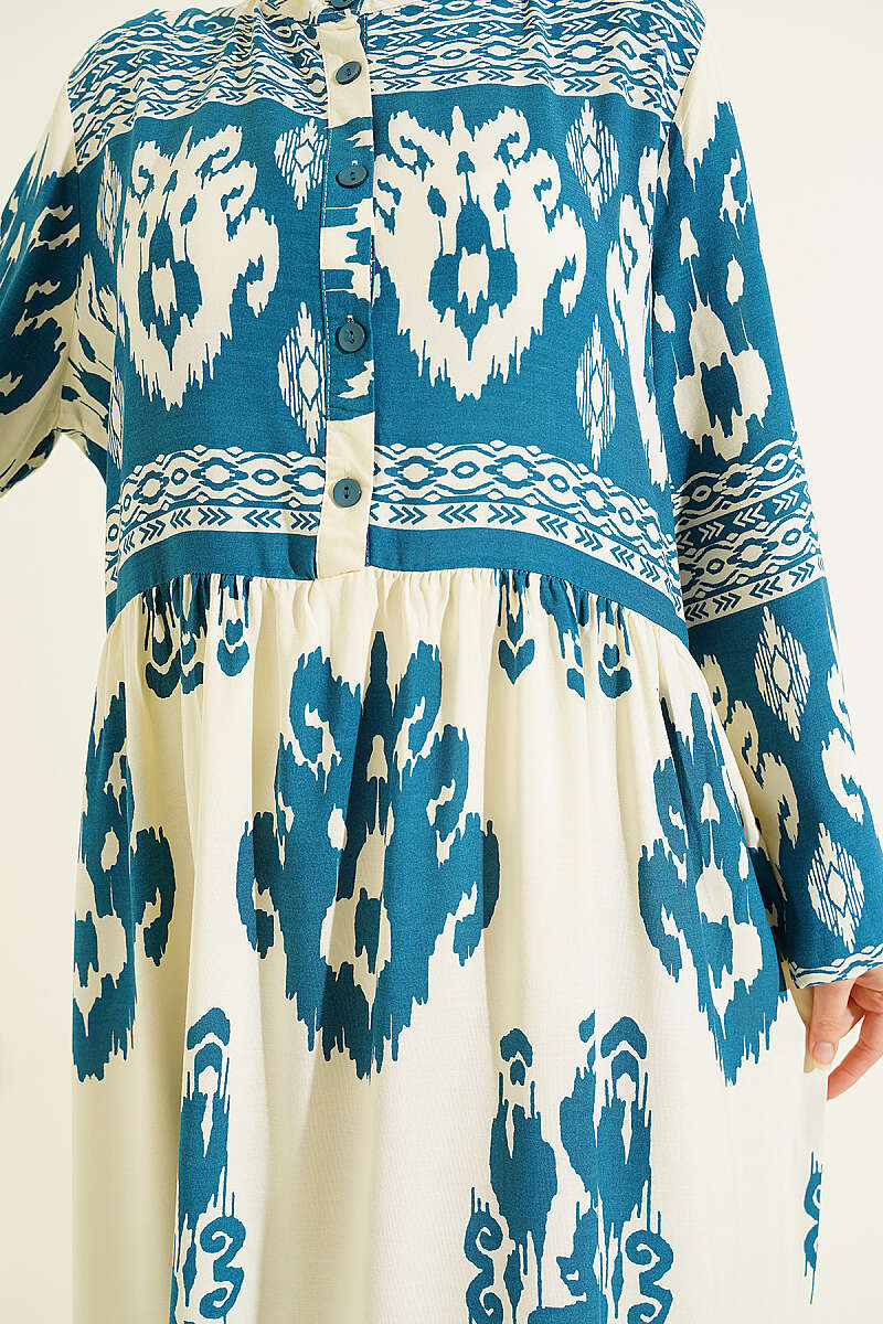 Patterned Dress with Half Buttons - Teal