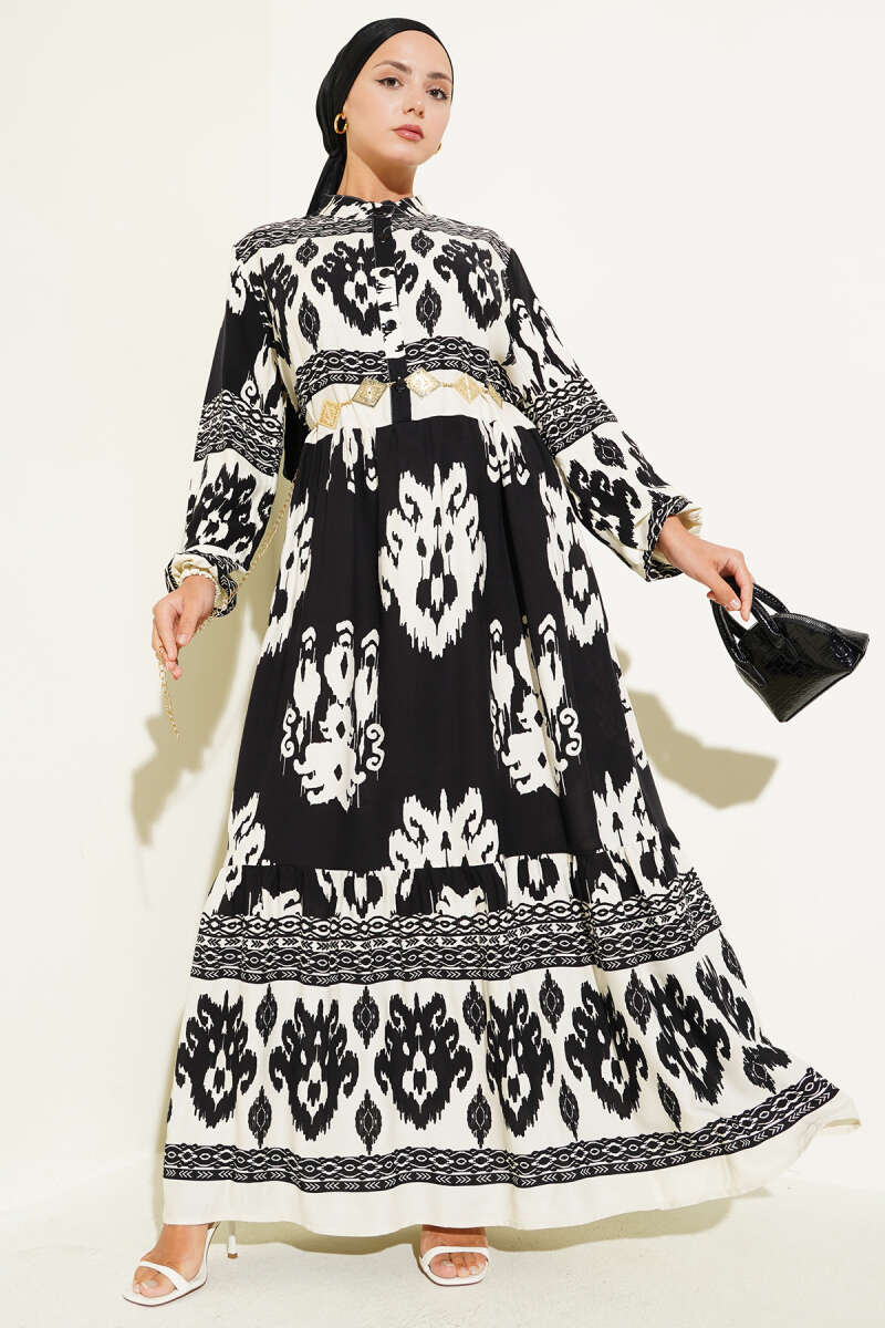 Patterned Dress with Half Buttons - Black