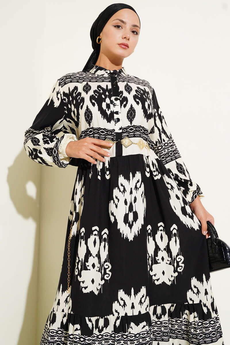 Patterned Dress with Half Buttons - Black
