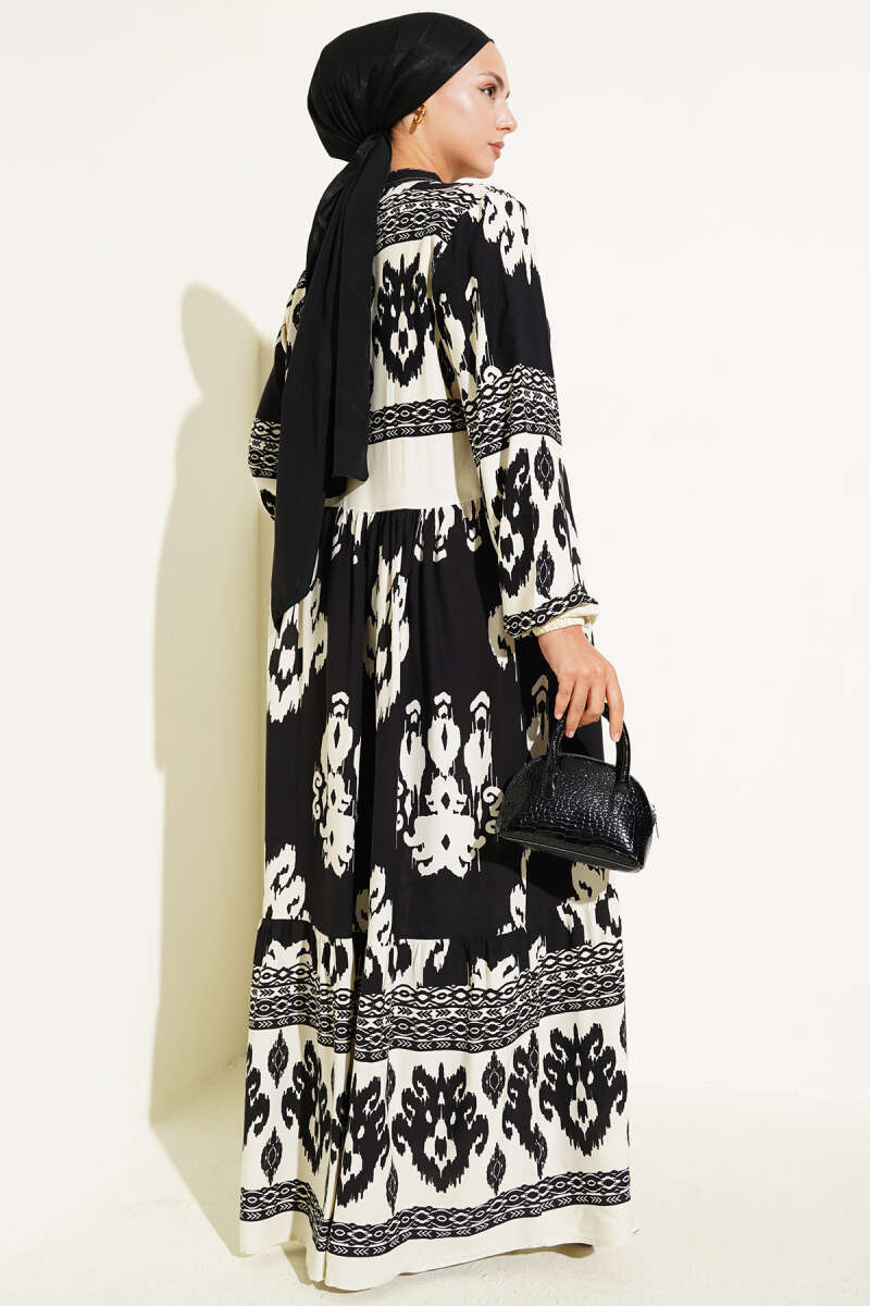 Patterned Dress with Half Buttons - Black
