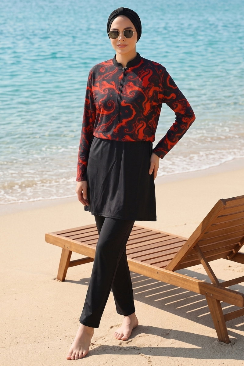 Printed Half-Zip Modest Swimsuit - Orange