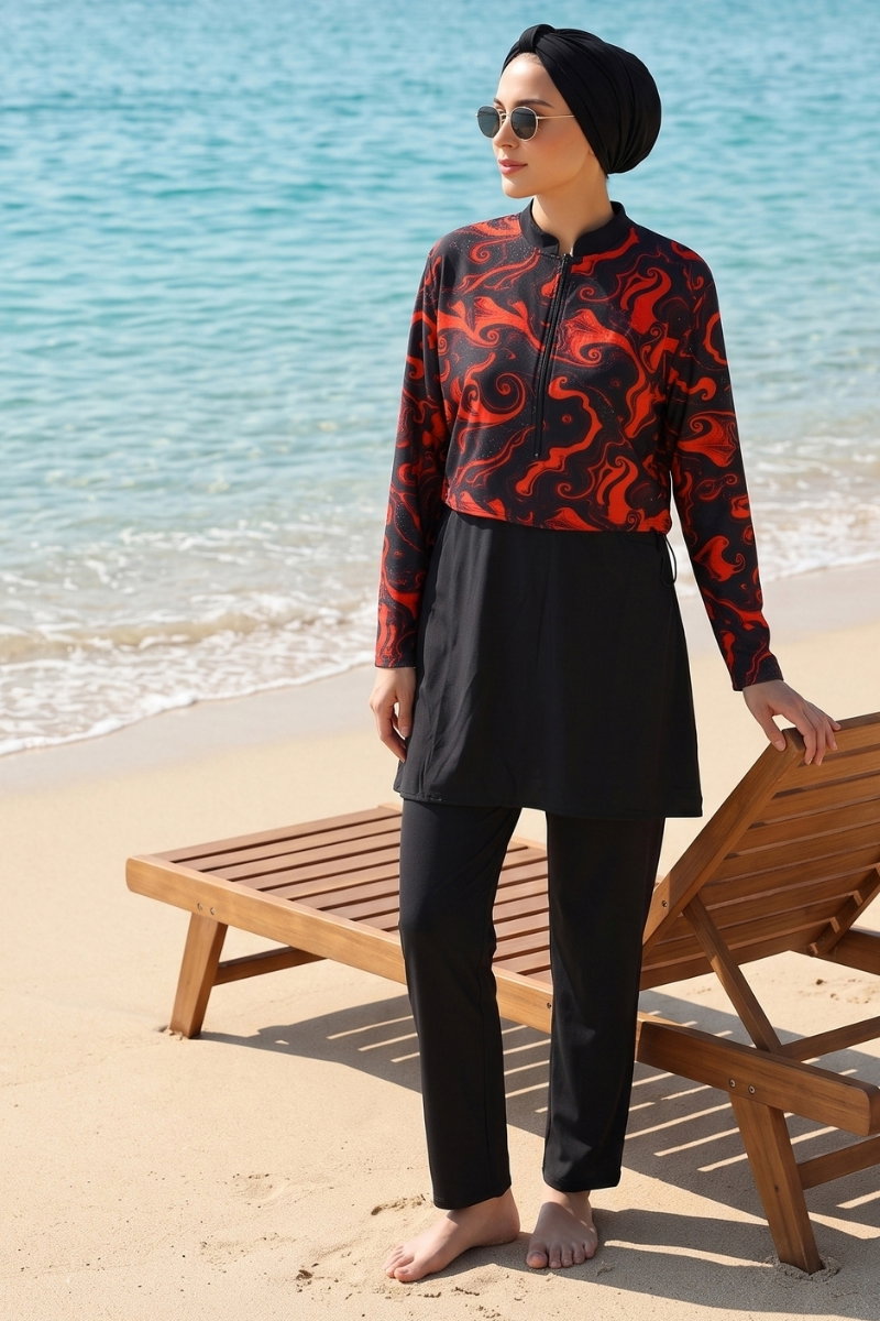 Printed Half-Zip Modest Swimsuit - Orange