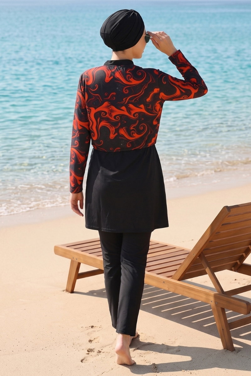 Printed Half-Zip Modest Swimsuit - Orange
