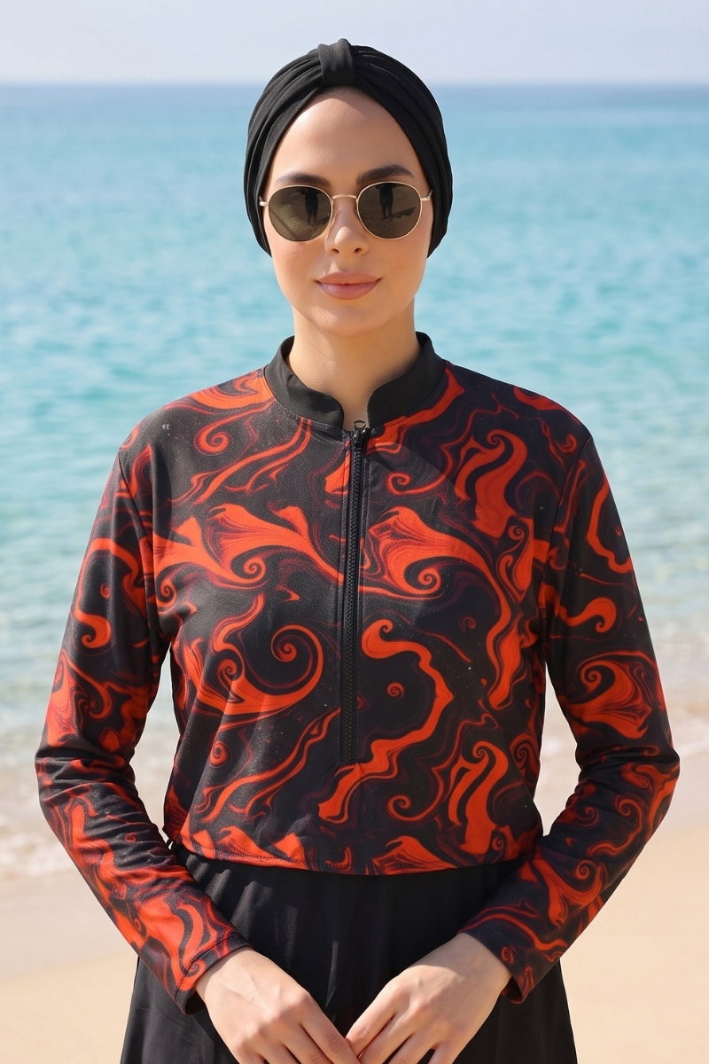 Printed Half-Zip Modest Swimsuit - Orange