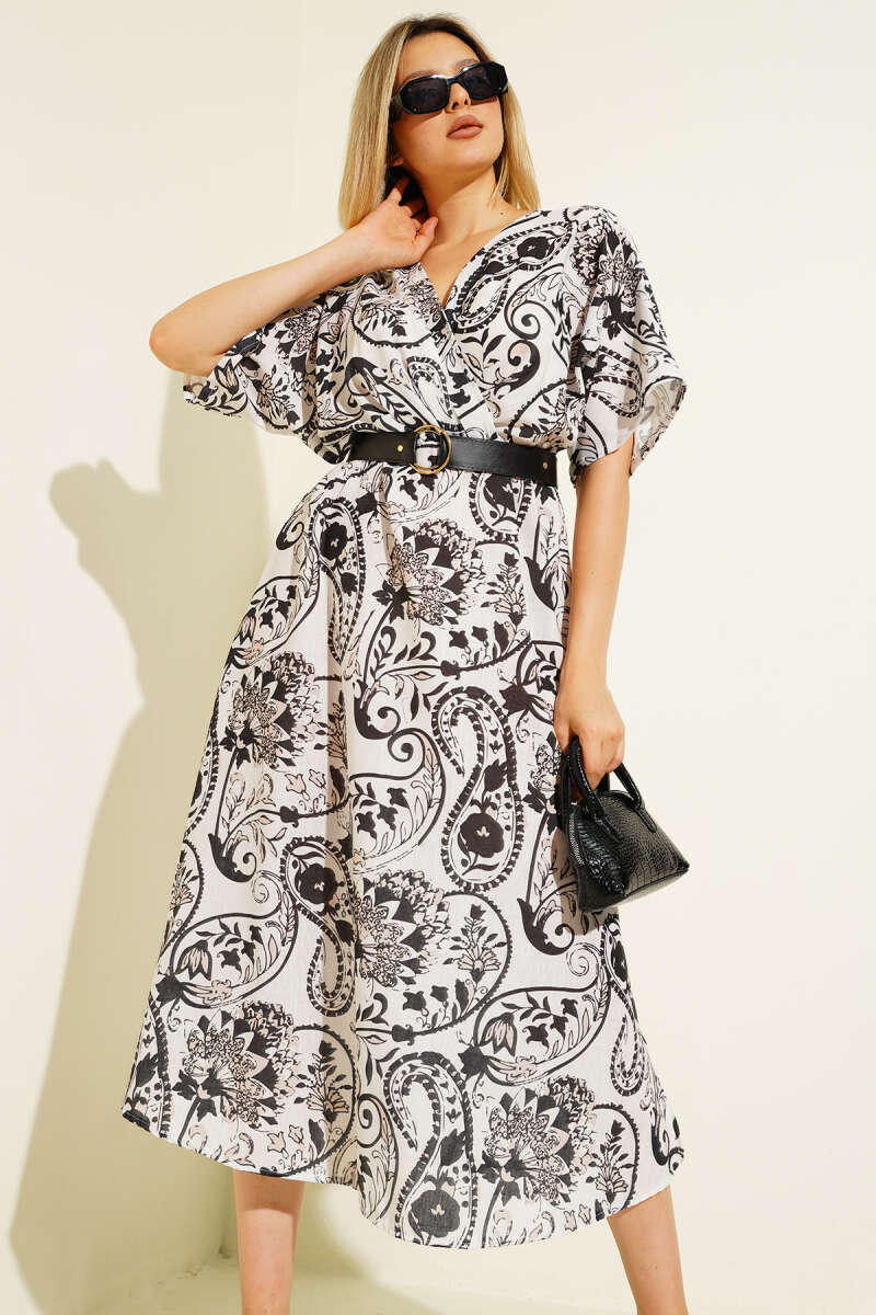 Belted Printed Half-Sleeve Dress - Black