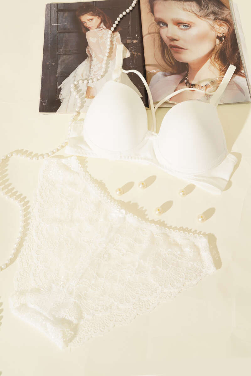 Padded Micro Criss-Cross Bra Set with Ribbon - Ecru
